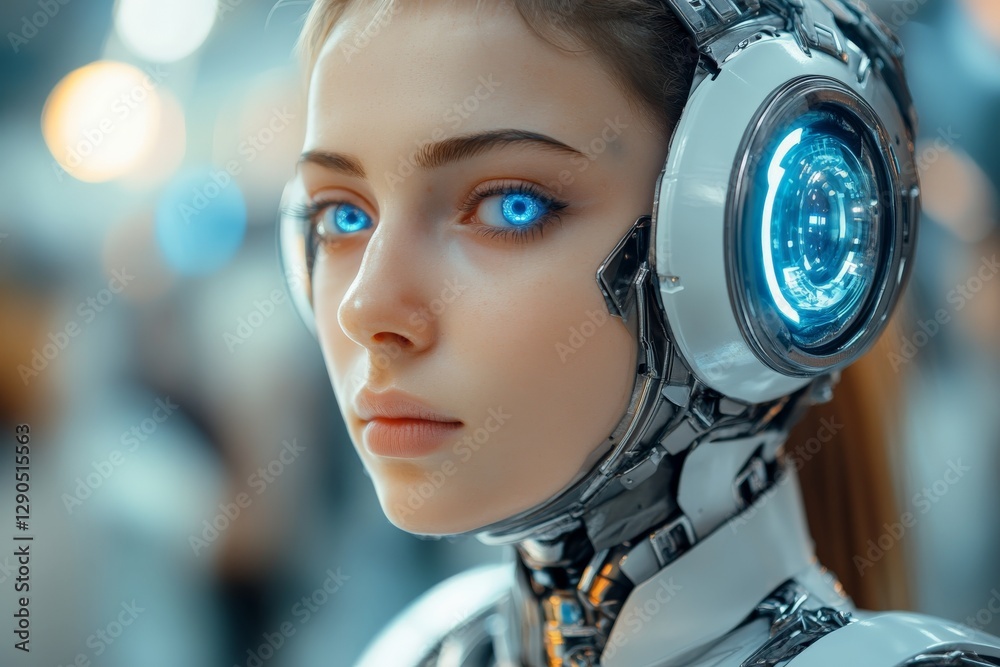 Aufkleber futuristic humanoid robot with glowing blue eyes and advanced technology features in a modern settin