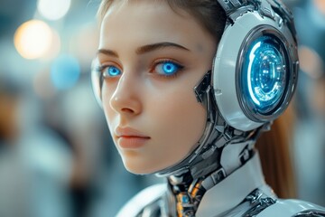 Futuristic humanoid robot with glowing blue eyes and advanced technology features in a modern setting
