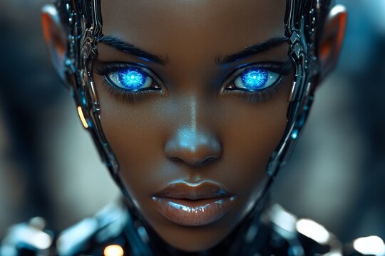 Futuristic robot with glowing blue eyes showcasing advanced artificial intelligence in a high-tech environment