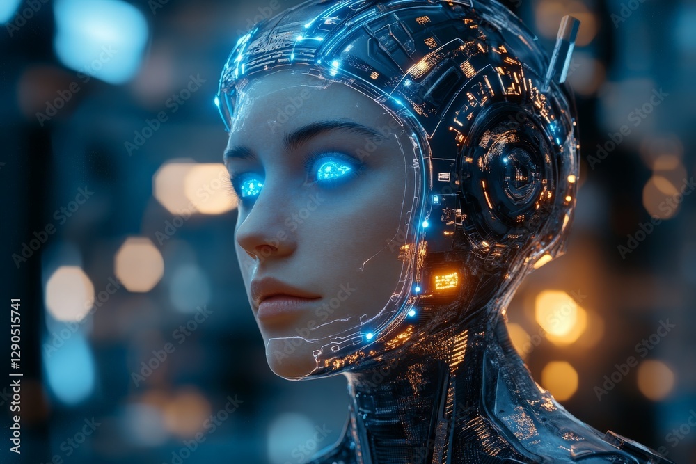 Fototapete futuristic robot features intricate design and glowing blue eyes in a high-tech environment