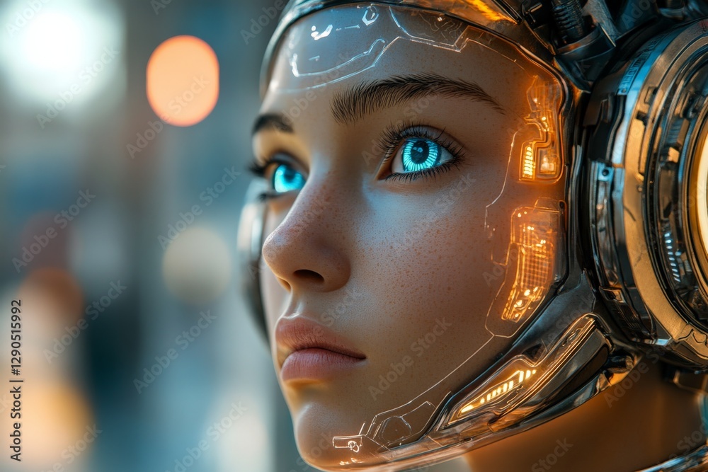 Aufkleber futuristic human-like robot with glowing blue eyes and advanced technology background in a modern se