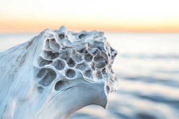 Intricate honeycomb texture of bleached driftwood against a blurred sunset seascape.