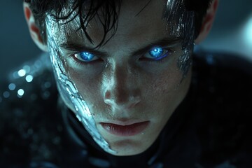 Young individual with glowing blue eyes depicting a futuristic cyborg in a dark environment