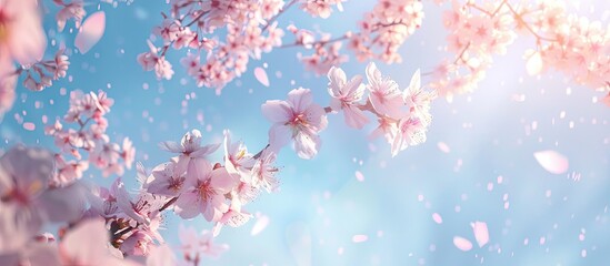 Almond tree branches in full bloom with delicate pink flowers against a soft blue sky creating a serene spring backdrop with ample empty space.