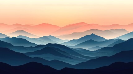 Serene sunset over layered mountain ranges, misty valleys, and soft color gradients.