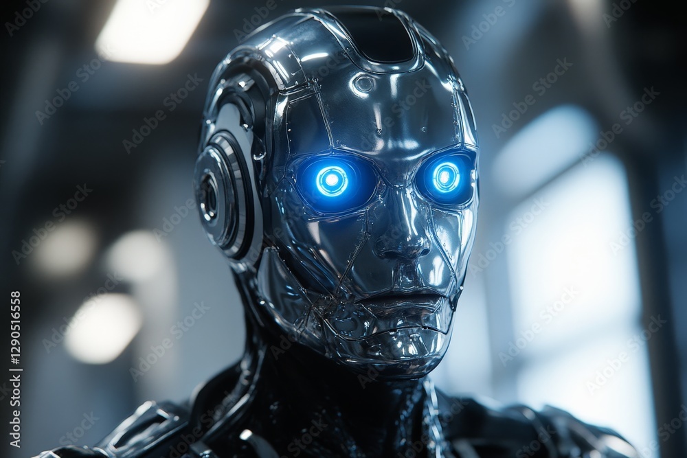 Poster futuristic robot with glowing blue eyes in a modern setting showcasing advanced design and technolog