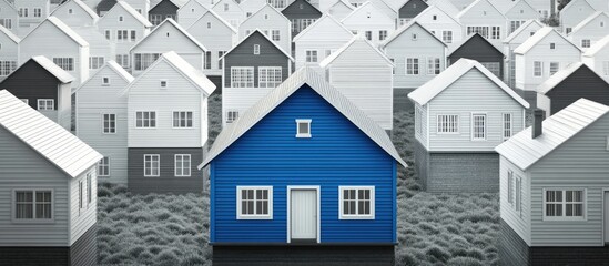 Vibrant blue house standing out among numerous white houses in a tranquil neighborhood setting ideal for real estate marketing visuals.