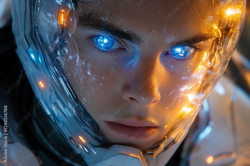 Poster futuristic astronaut with glowing blue eyes exploring a distant planet in a high-tech suit