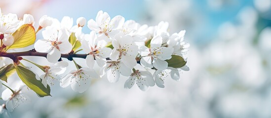 Obraz premium Delicate blooming white cherry blossoms on a branch under a soft blue sky with warm sunlight highlighting the flowers and green leaves.