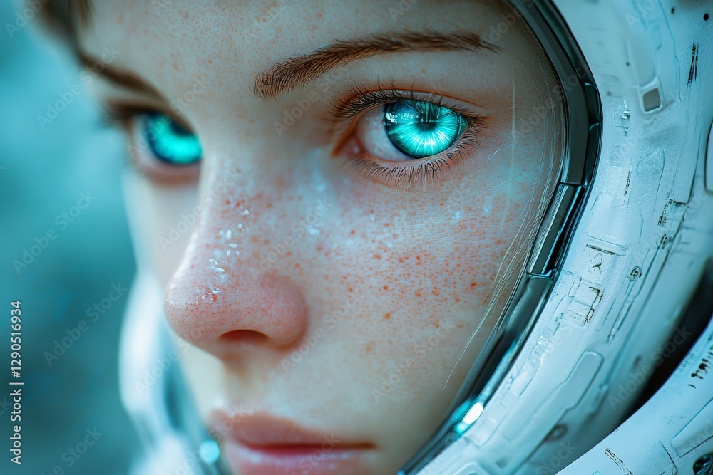 Poster futuristic astronaut with glowing blue eyes exploring a distant planet in a high-tech helmet during 