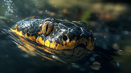 Fototapeta premium Serpentine Gaze: A Yellow-Lipped Snake in its Aquatic Realm