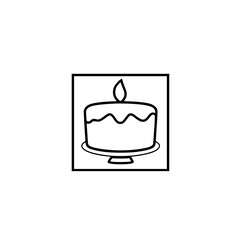 Simple illustration of a birthday cake with a single candle, within a square frame, against white backdrop.