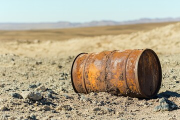 Rusty metal barrel in arid desert landscape with distant horizon