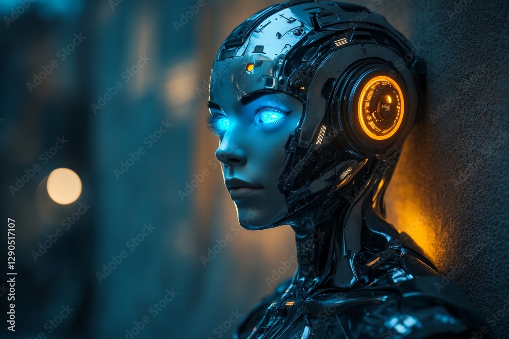 Leinwandbilder futuristic robot with glowing features stands against a textured wall in an urban setting at twiligh