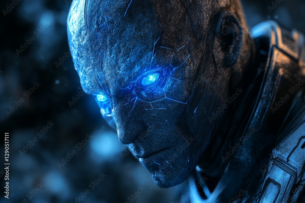 Fototapete close-up of a futuristic android with glowing blue eyes and intricate facial textures in a sci-fi se