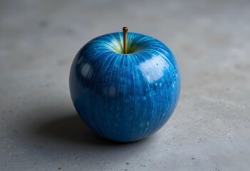  A whole blue apple with a smooth, shiny surface sits on a neutral background. Soft, natural lighting highlights its vibrant color and subtle texture.