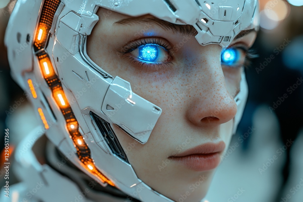 Leinwandbilder futuristic humanoid robot with glowing blue eyes showcases advanced technology in a busy urban setti