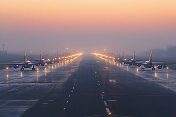 Foggy Runway Sunrise Airplane Lineup
