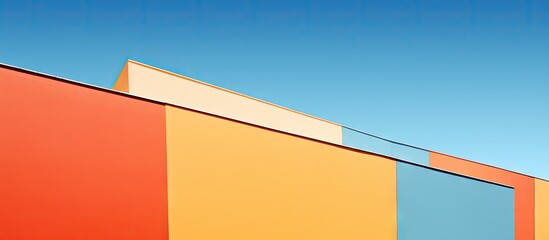 Abstract architectural design featuring colorful geometric shapes in vibrant orange, yellow, and blue against a clear blue sky.