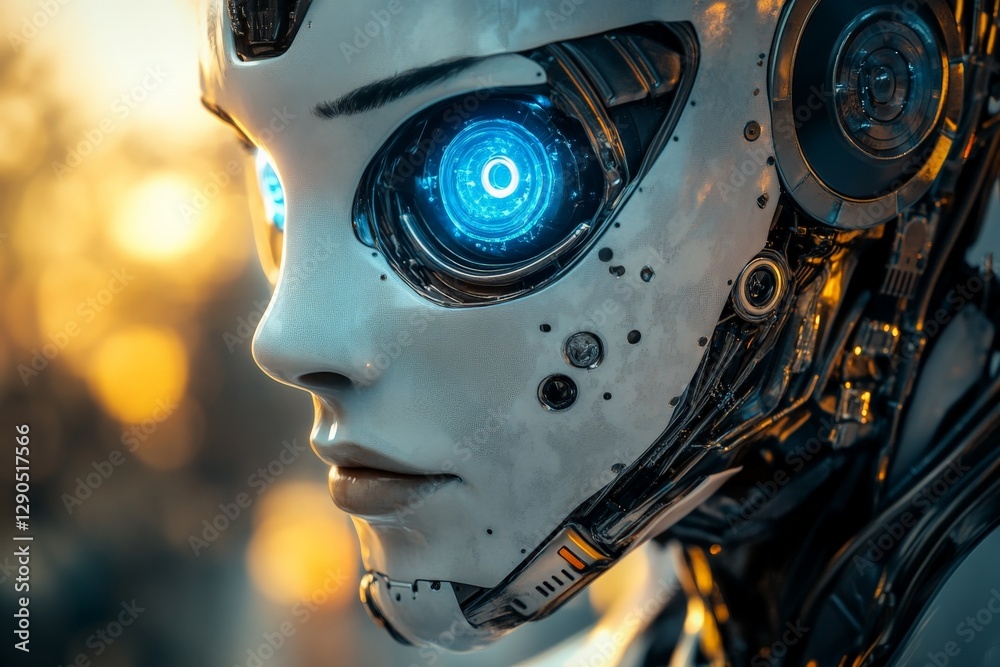 Poster robot with blue glowing eyes reflects progress in artificial intelligence and technology under soft 