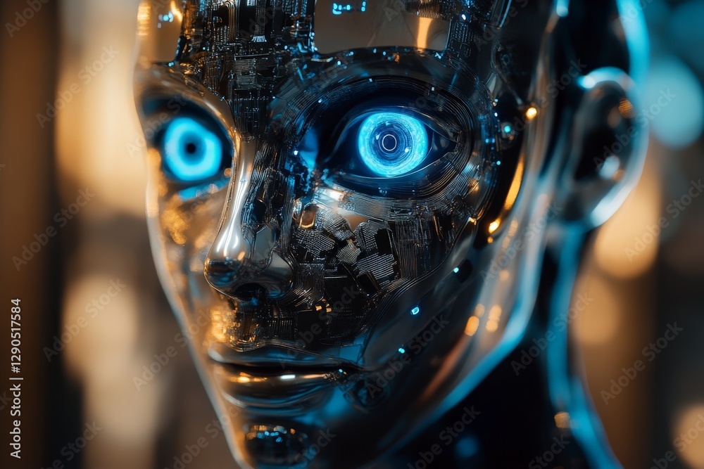 Leinwandbilder close-up view of a futuristic robot face with glowing blue eyes and intricate circuits reflecting ad
