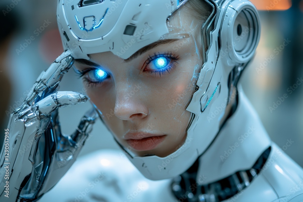 Leinwandbilder advanced humanoid robot with glowing blue eyes engages in complex thought in a futuristic setting