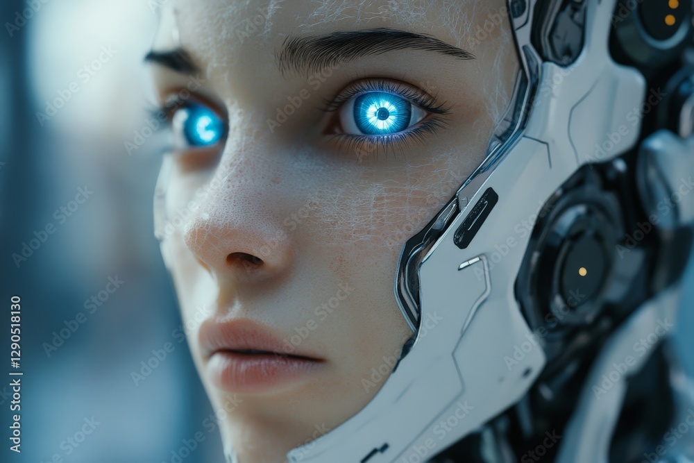 Poster futuristic humanoid with glowing blue eyes showcases advanced robotics and human-like features in a 