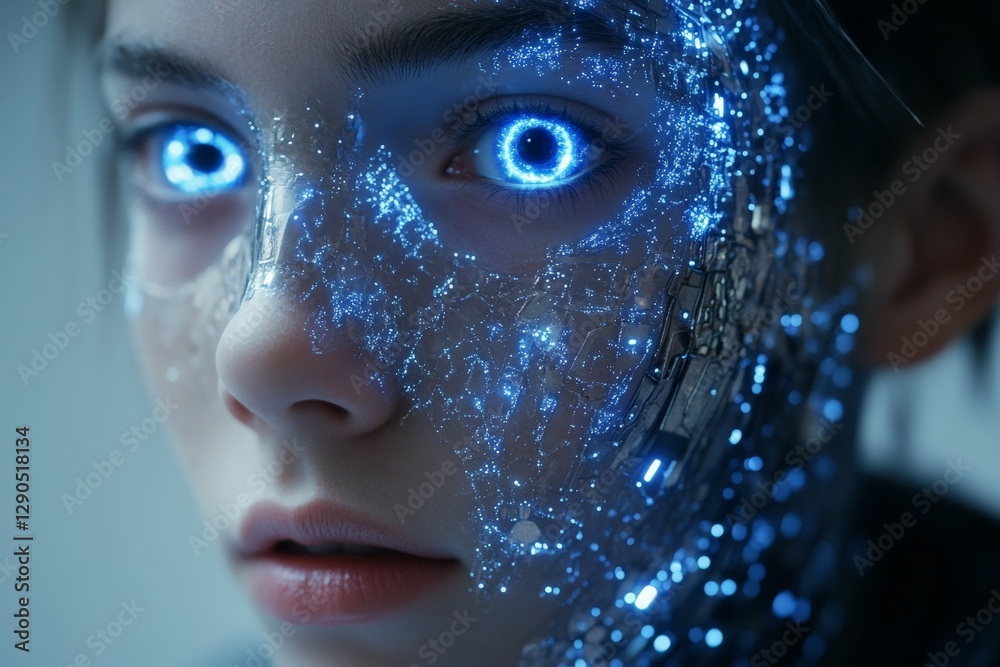 Poster futuristic humanoid with glowing blue features and intricate mechanical details in a close-up shot