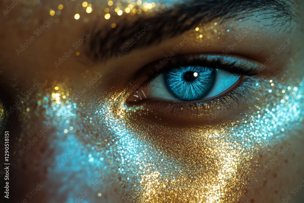 Poster striking close-up of a person's eye adorned with shimmering gold and blue glitter in an artistic dis