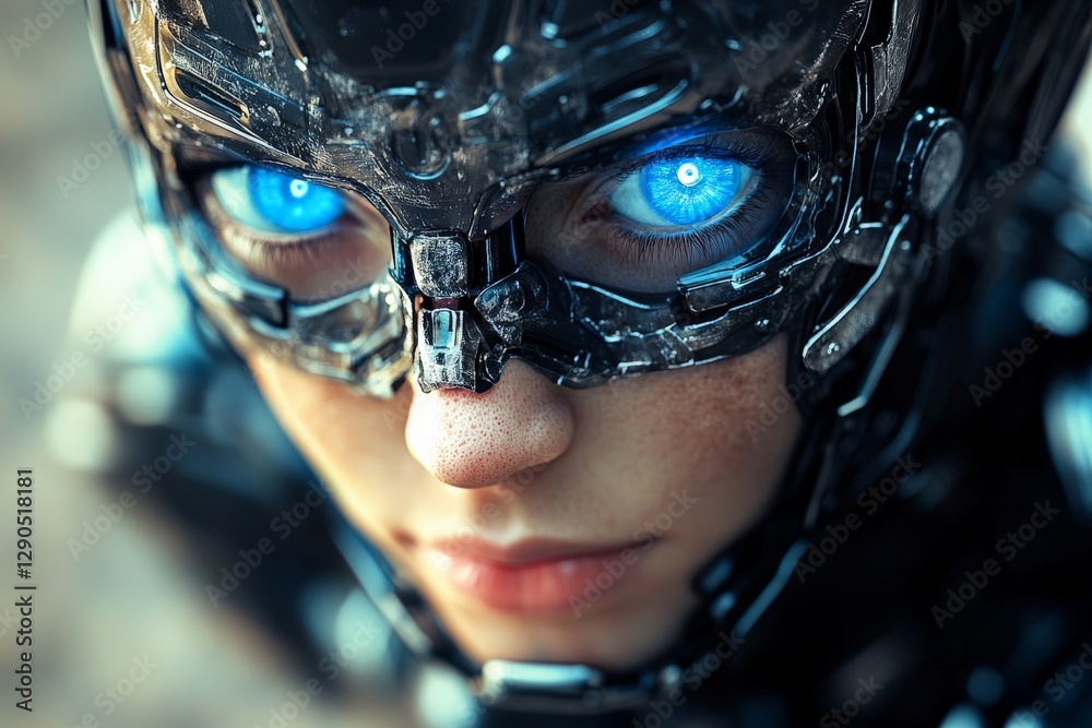 Poster futuristic robotic figure with glowing blue eyes showcases advanced technology in a detailed close-u
