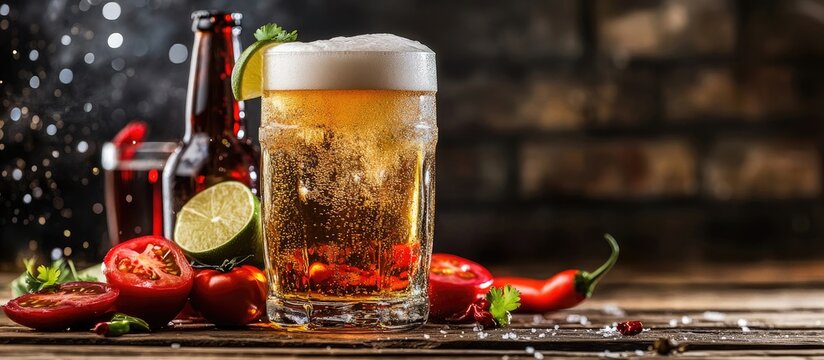 Refreshing spicy michelada cocktail garnished with jalapenos and lime on a wooden table with beer bottles blurred in the background.