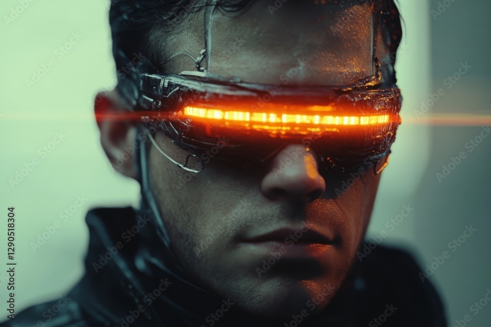 Poster Futuristic character with high-tech visor showcasing advanced technology in a dystopian urban environment