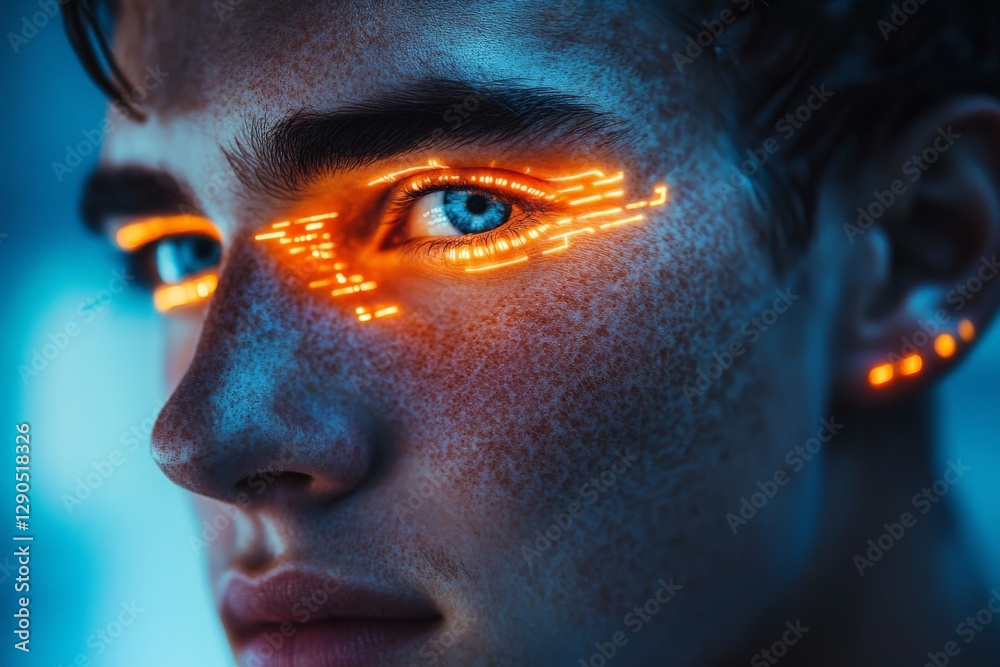 Poster close-up portrait of a young person with glowing eye designs emphasizing futuristic themes in a styl