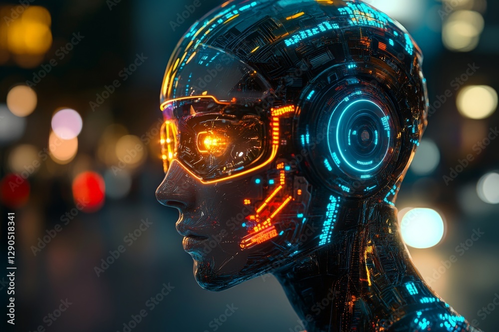 Leinwandbilder futuristic robot with glowing circuitry in a vibrant urban setting during night time