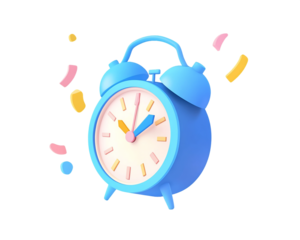 3D Blue Alarm Clock With Confetti On Transparent Background, PNG