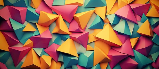 Obraz premium Vibrant geometric design featuring pink, orange, and teal triangles arranged dynamically with depth and texture in a lively composition