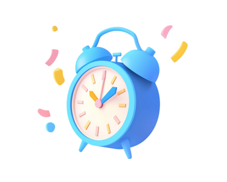 3D Blue Alarm Clock With Confetti On Transparent Background, PNG