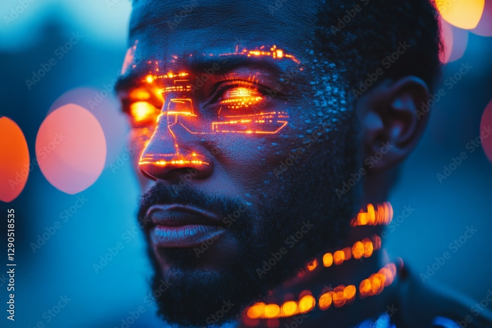 Poster futuristic portrait of a man with glowing digital patterns on skin against a blurred urban backdrop 