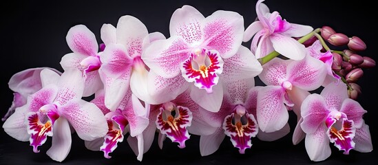 Stunning odontoglossum orchids arranged gracefully on a dark background featuring shades of pink and white with vibrant purple accents. © Studio