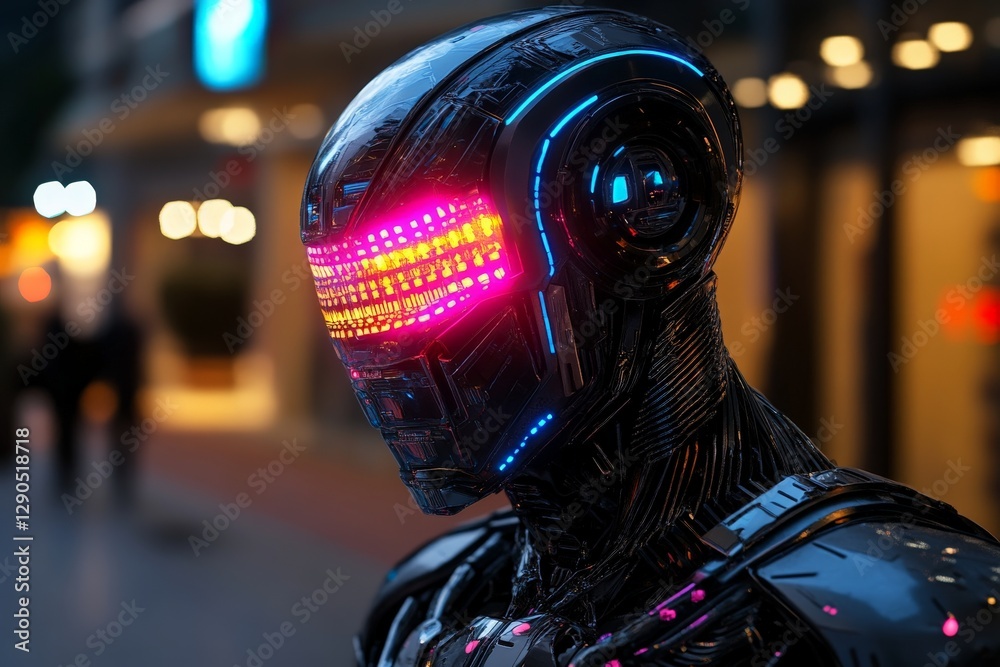 Aufkleber futuristic robot with vibrant led features stands in a bustling urban area during twilight