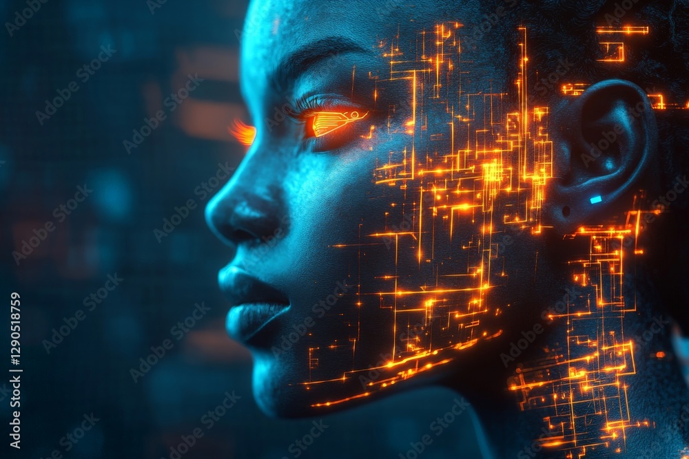 Aufkleber vertical profile view of a young woman with glowing circuitry patterns, embodying advanced technolog
