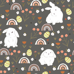 Cute hand drawn Easter bunny, eggs and flower on gray backgraund. Vector illustration with bunnies foe Easter.