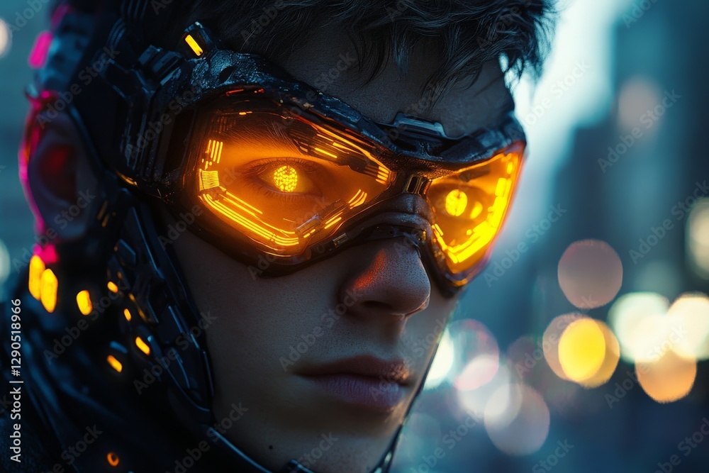Leinwandbilder futuristic character with glowing orange goggles in an urban setting during twilight