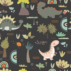 Hand drawn dino pattern with cute animals, plants, rainbows, line and dots. Cartoon illustration for kids, fabric, clothes.