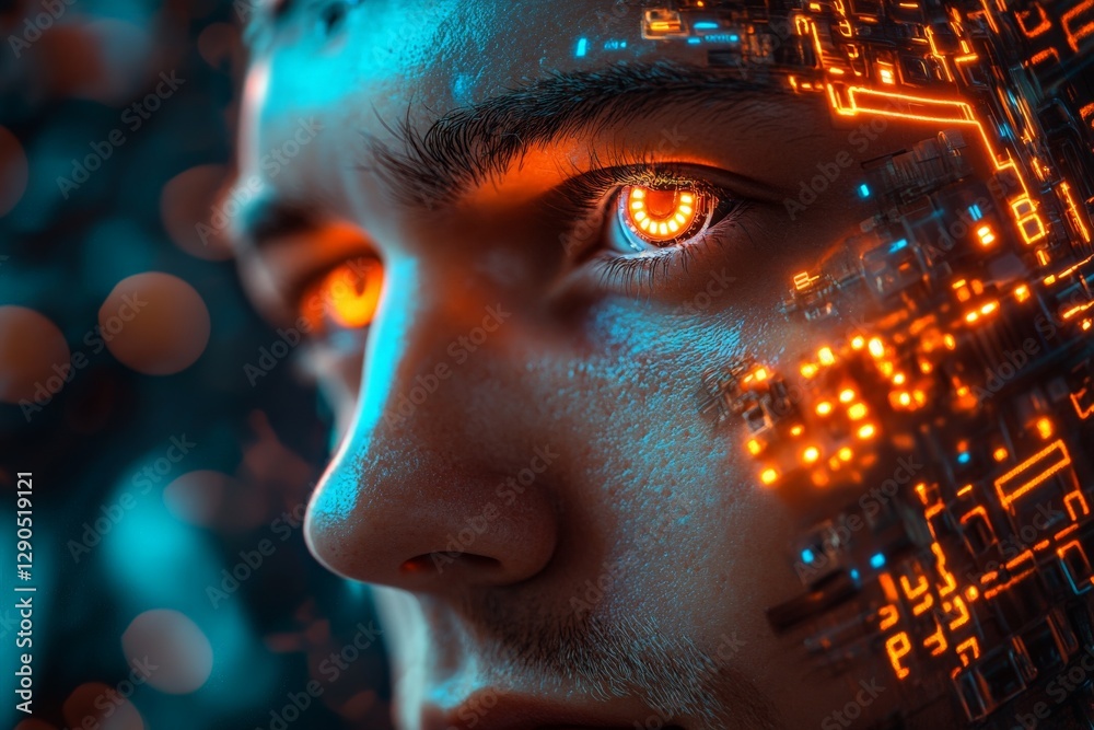 Aufkleber human face with digital elements and glowing orange eye details reflecting technology and innovation