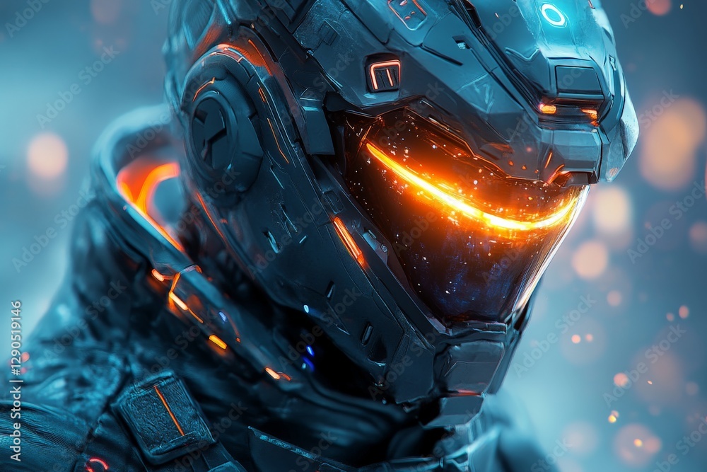 Poster Futuristic armored soldier with glowing details in a high-tech environment during an intense battle
