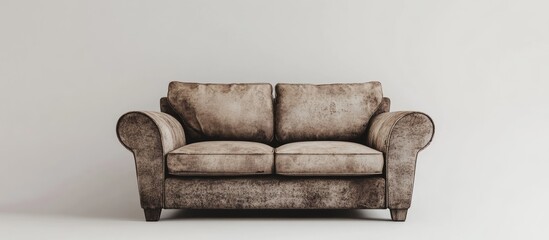 Aged brown couch with plush cushions centered against a bright white backdrop offering considerable blank space for customizable text or graphics.