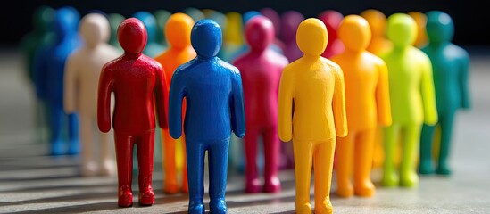 Colorful plastic figurines in a row with red, blue, yellow, and green shades on the left against a dark background, emphasizing diversity and unity.
