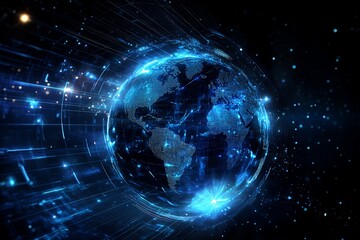 Obraz premium Glowing blue digital earth with futuristic technology and light effects in space