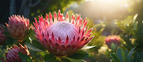 Blooming king protea flower in soft sunlight with pink petals and green foliage, positioned centrally against a blurred garden background.